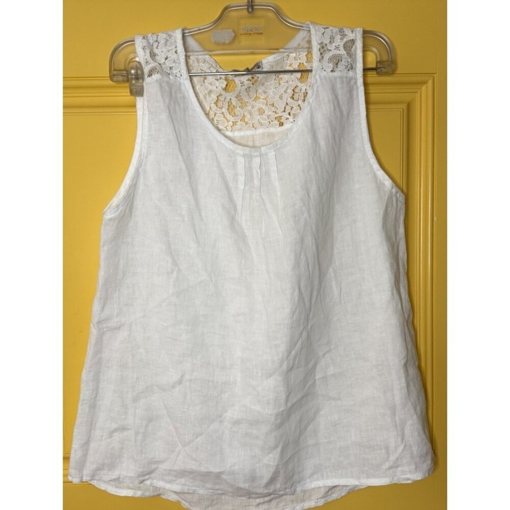 TERZO MILLENIO‎ White Linen Blouse Made in Italy Size Medium Lace Insert